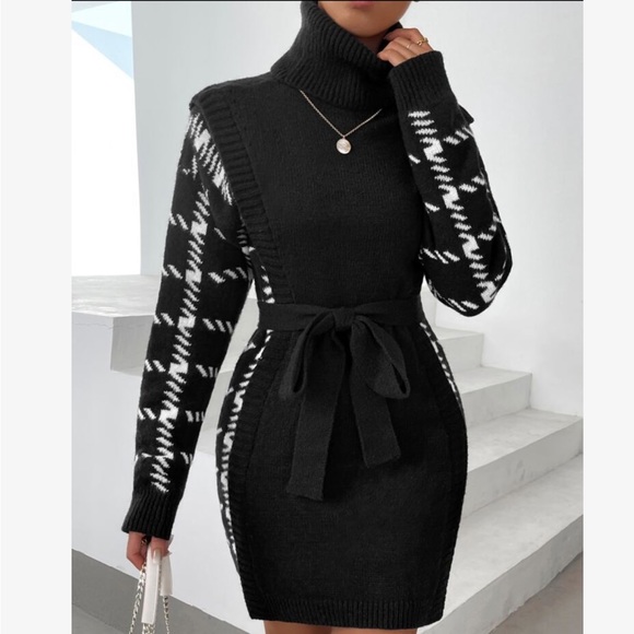 Cozy Houndstooth Pattern Turtle Neck Belted Sweater Dress - Picture 5 of 7